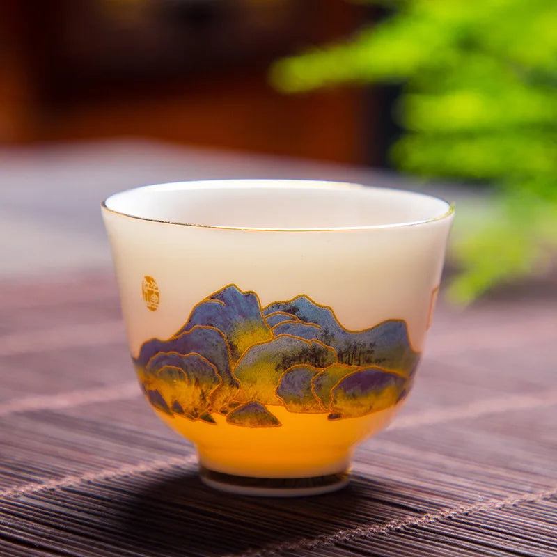 White Jade Tea Cup Tea Cup Blanc De Chine Tea Cup Manual Painting Golden Kung Fu Tea Set Household Single Tea Cup