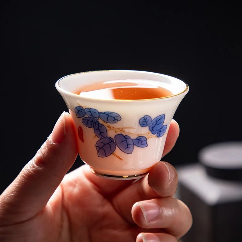 White Jade Tea Cup Tea Cup Blanc De Chine Tea Cup Manual Painting Golden Kung Fu Tea Set Household Single Tea Cup