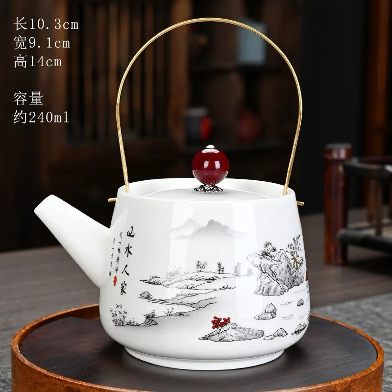 White Porcelain Kungfu Teapot with Handle Traditional Chinese Tea Brewing Handcrafted Tea Pots Home Ceramic Teaware Tea Set