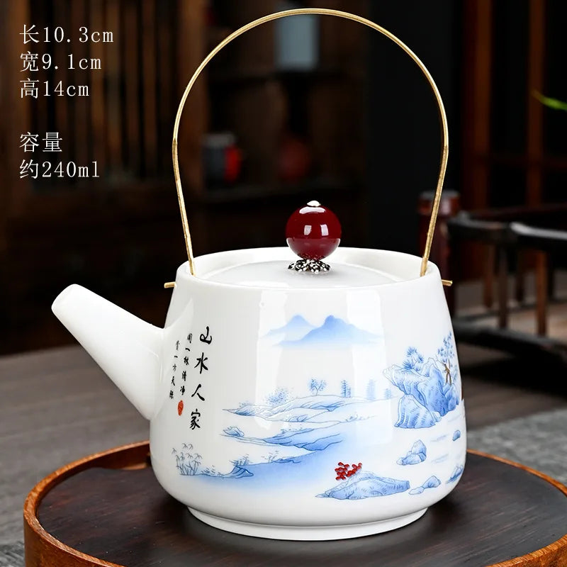 White Porcelain Kungfu Teapot with Handle Traditional Chinese Tea Brewing Handcrafted Tea Pots Home Ceramic Teaware Tea Set