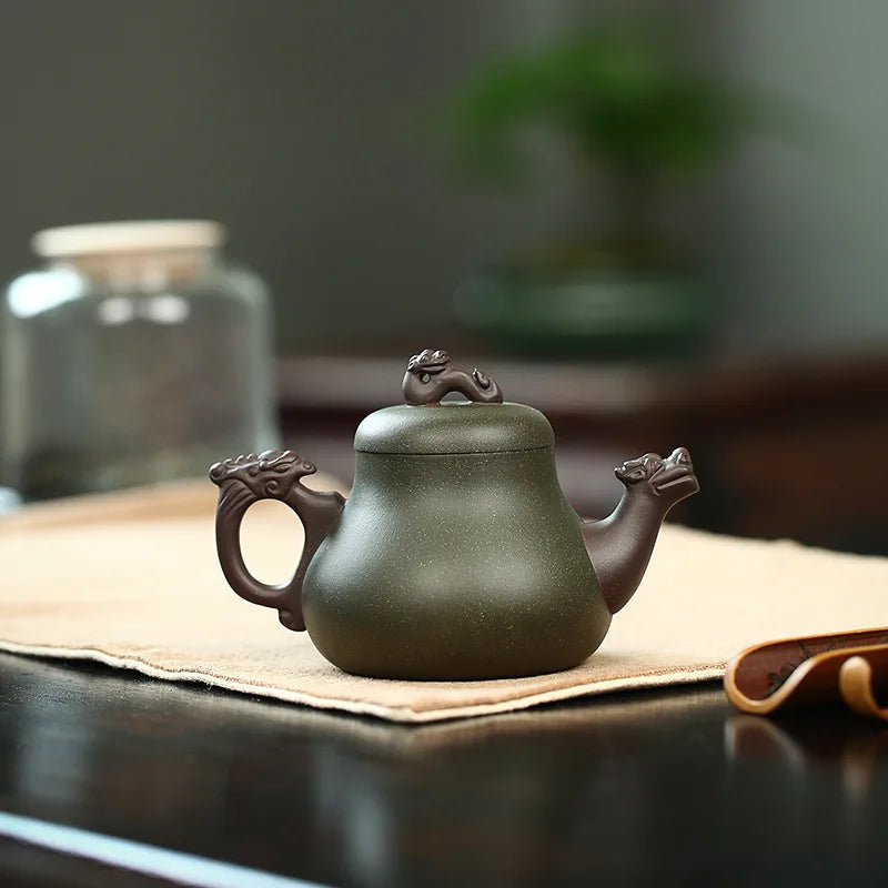 Yixing Purple Clay Handmade Dragon Tea Edge Teapot Set,Zisha Kettle,Drinkware,Suit for Green Tea, Raw Ore Green Tea