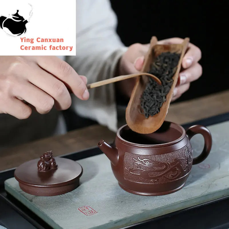 Yixing Purple Clay Teapot Hand-carved Dragon Teapot Purple Zhunilong World Teapot Kung Fu Tea Set Capacity 250ml