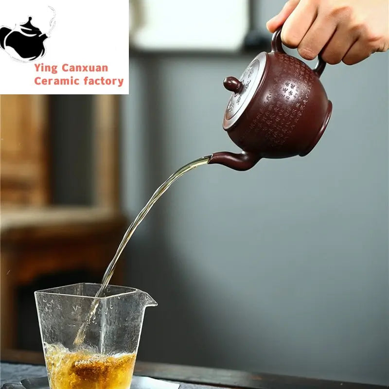 Yixing Purple Clay Teapot Purple Zhuni Carved Painted Heart Sutra Palace Lantern Teapot Kung Fu Tea Set Teapot 270ml