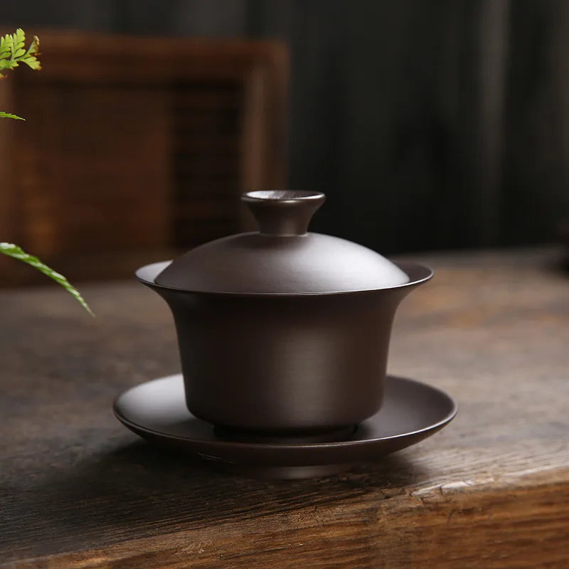 Yixing Zisha Gaiwan Chinese Kung Fu Teaware Tea Tureen Handmade Purple Clay Tea Bowl Cups Handpainted Tea Cup Set