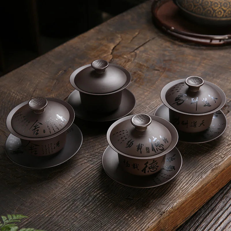 Yixing Zisha Gaiwan Chinese Kung Fu Teaware Tea Tureen Handmade Purple Clay Tea Bowl Cups Handpainted Tea Cup Set