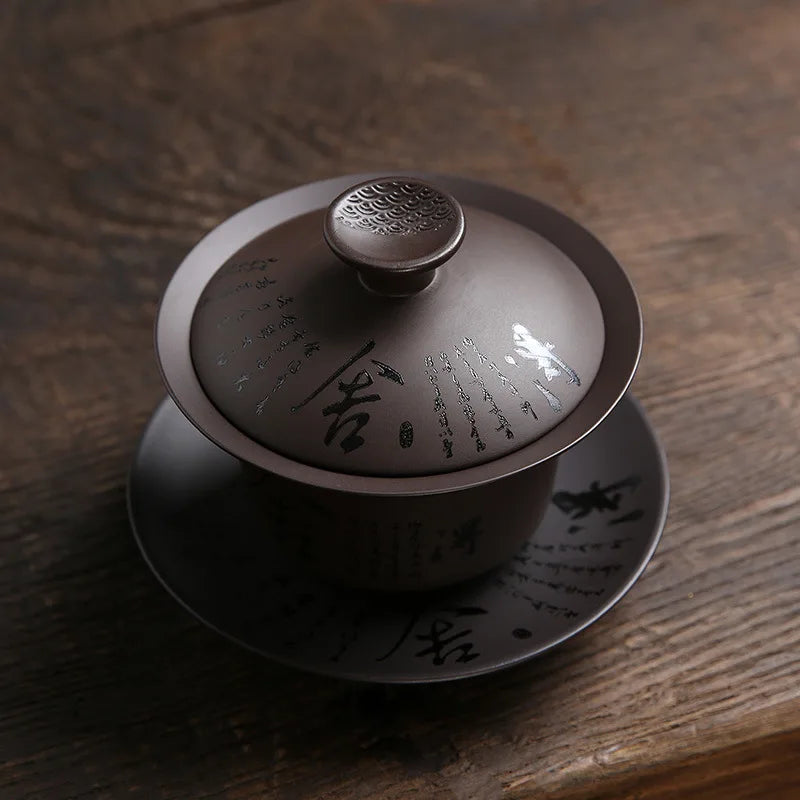 Yixing Zisha Gaiwan Chinese Kung Fu Teaware Tea Tureen Handmade Purple Clay Tea Bowl Cups Handpainted Tea Cup Set