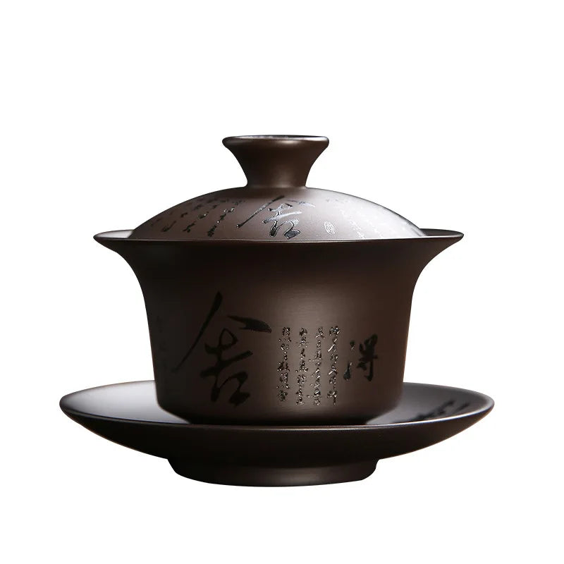 Yixing Zisha Gaiwan Chinese Kung Fu Teaware Tea Tureen Handmade Purple Clay Tea Bowl Cups Handpainted Tea Cup Set