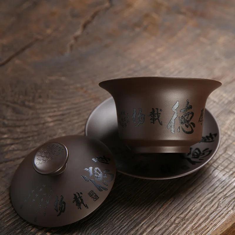Yixing Zisha Gaiwan Chinese Kung Fu Teaware Tea Tureen Handmade Purple Clay Tea Bowl Cups Handpainted Tea Cup Set