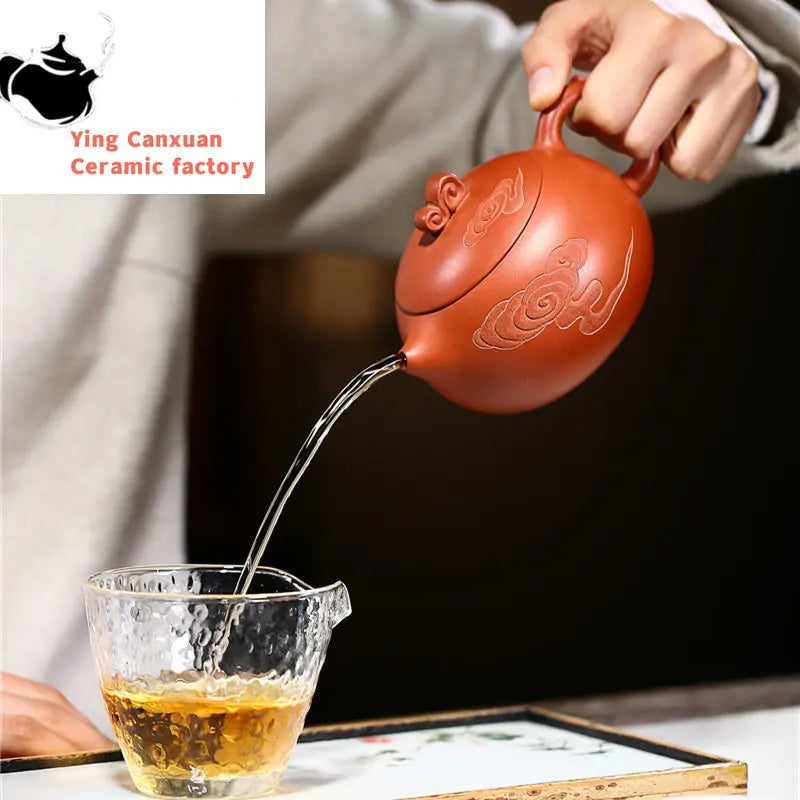 Yixing purple clay teapot handmade vermilion moiré Xishi teapot Kungfu tea set large capacity 400ml teapot