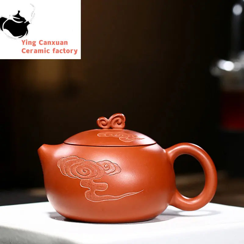 Yixing purple clay teapot handmade vermilion moiré Xishi teapot Kungfu tea set large capacity 400ml teapot