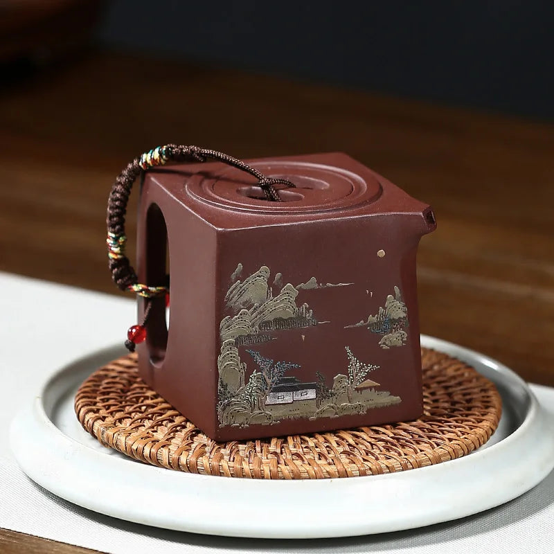 Yixing purple clay teapot pure handmade teapot wall seal square teapot raw material purple clay Yangxian square teapot