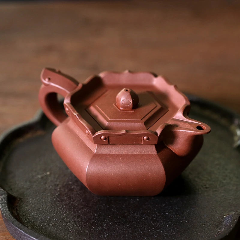 Yixing raw ore purple clay teapot pure handmade tea set Kungfu teapot bottom groove green monk hat teapot 230cc