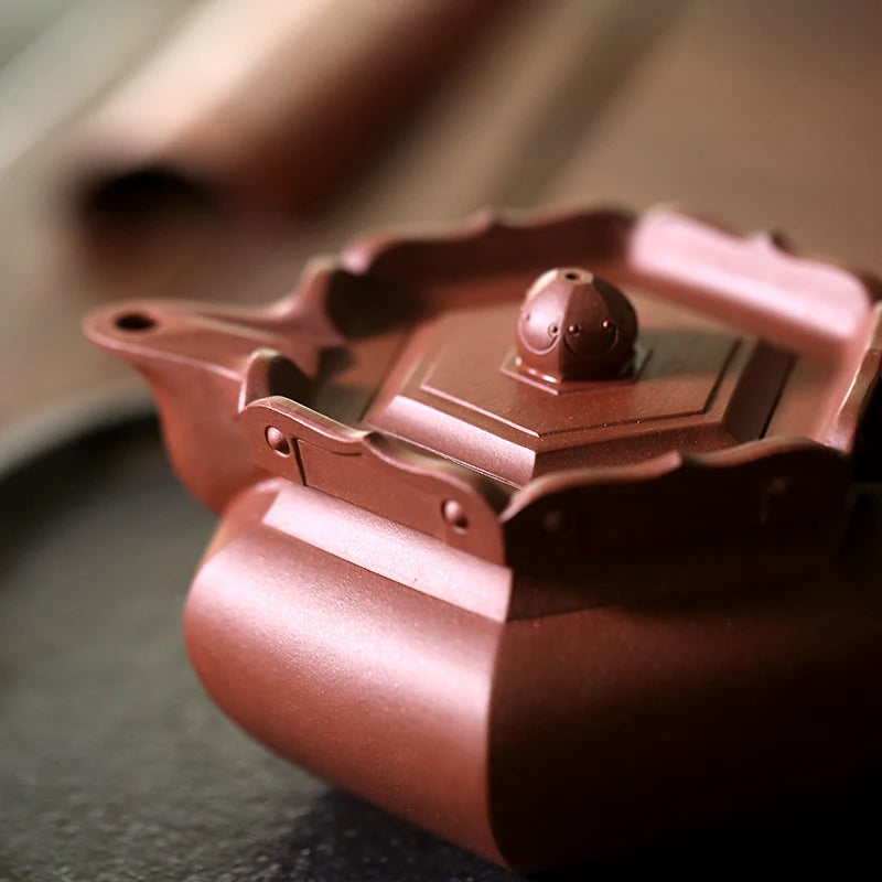 Yixing raw ore purple clay teapot pure handmade tea set Kungfu teapot bottom groove green monk hat teapot 230cc