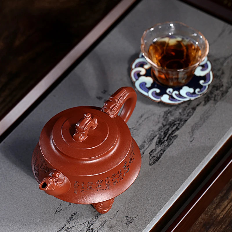 Zanghutianxia Yixing Purple Clay Pot Hand-Carved Household Kung Fu Tea Set Single Teapot Raw Ore Dahongpao Tea Teapot Show High
