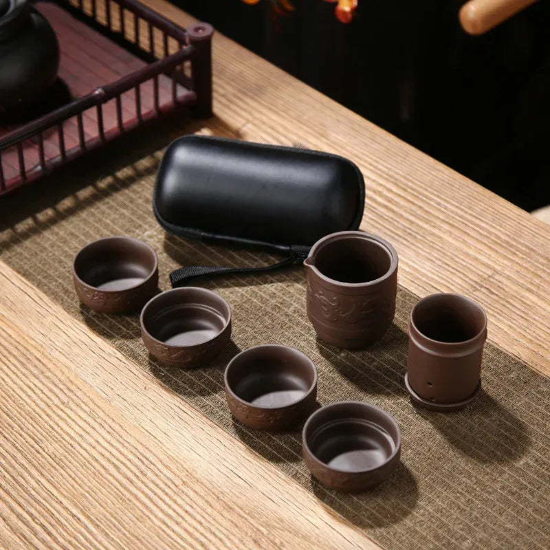 4Pcs Purple Clay Tea Cups 1Piece Teapot & Tea Filter All in A Portable Bag Chinese Tea Culture KungFu Tea Set Travel Tea Bag