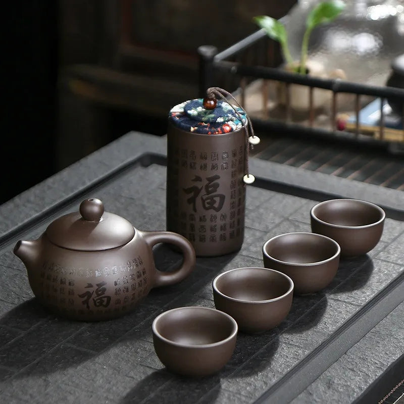 Chinese tea set vintage purple sand tea set Portable Travel Tea Set A pot of four cups Zisha Kung Fu Travel Teapot Gift Set