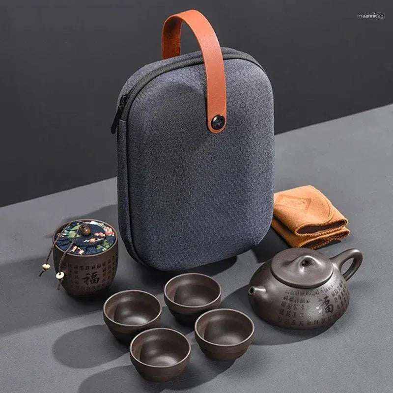 Teaware Sets Purple Sand Tea Set Chinese Teaset Ceramic Portable Teapot Outdoor Travel Gaiwan Cups Of Ceremony Teacup