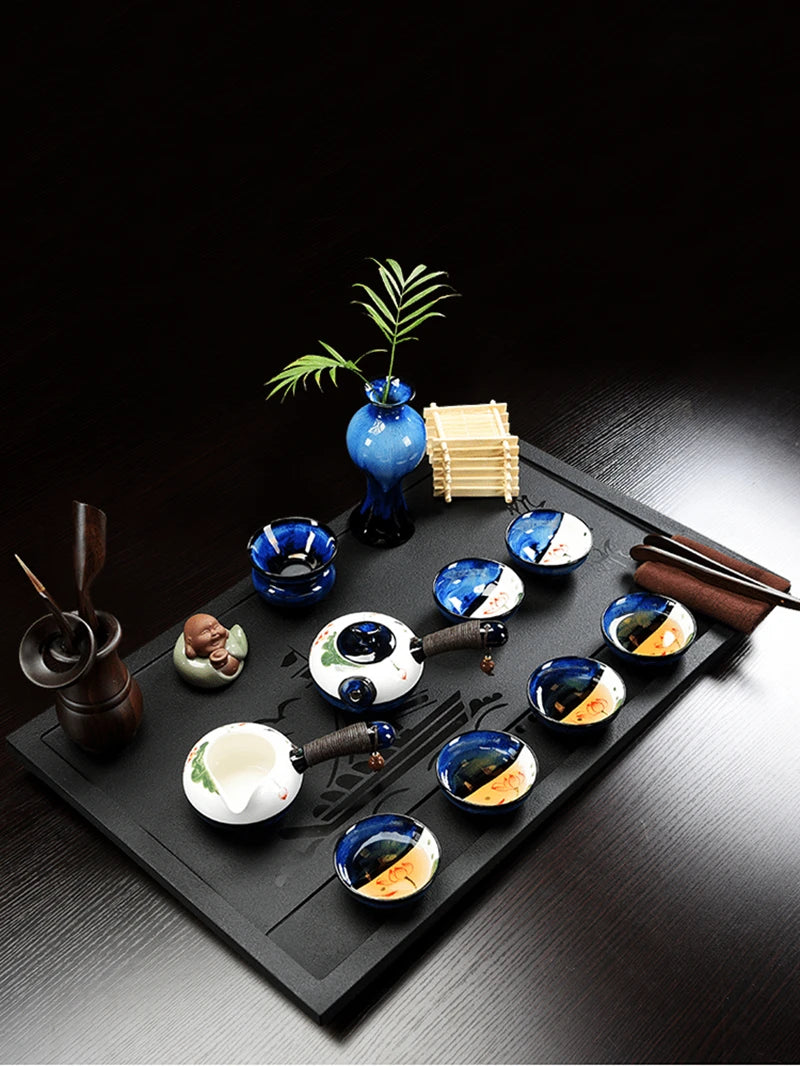 complete tea set handpainted porcelain tea brewer black stone tea tray high quality Chinese kungfu teaware boutique tea pot cups