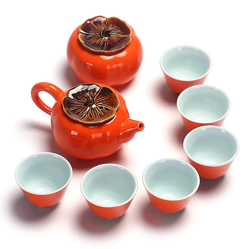 creative porcelain tea set Chinese kungfu tea sets persimmon shape lucky tea pot caddies tea cups home decoration tea brewer new