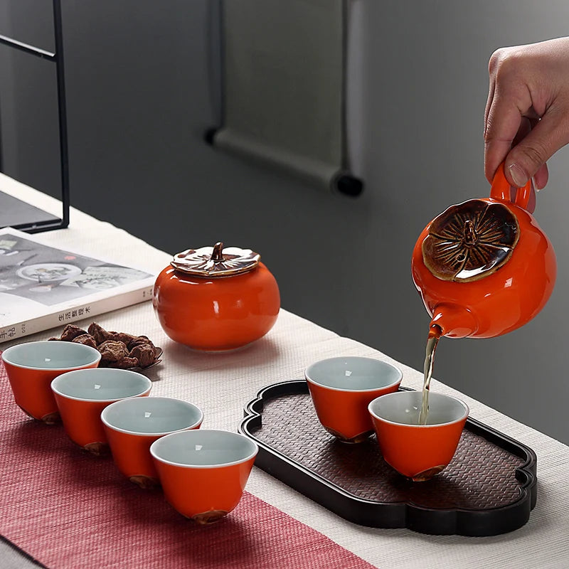 creative porcelain tea set Chinese kungfu tea sets persimmon shape lucky tea pot caddies tea cups home decoration tea brewer new