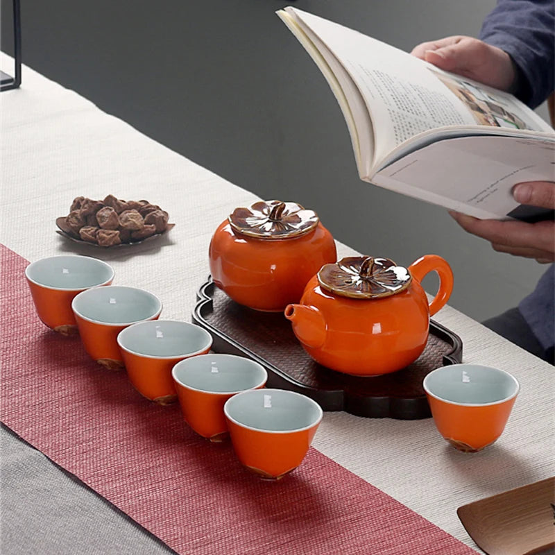 creative porcelain tea set Chinese kungfu tea sets persimmon shape lucky tea pot caddies tea cups home decoration tea brewer new