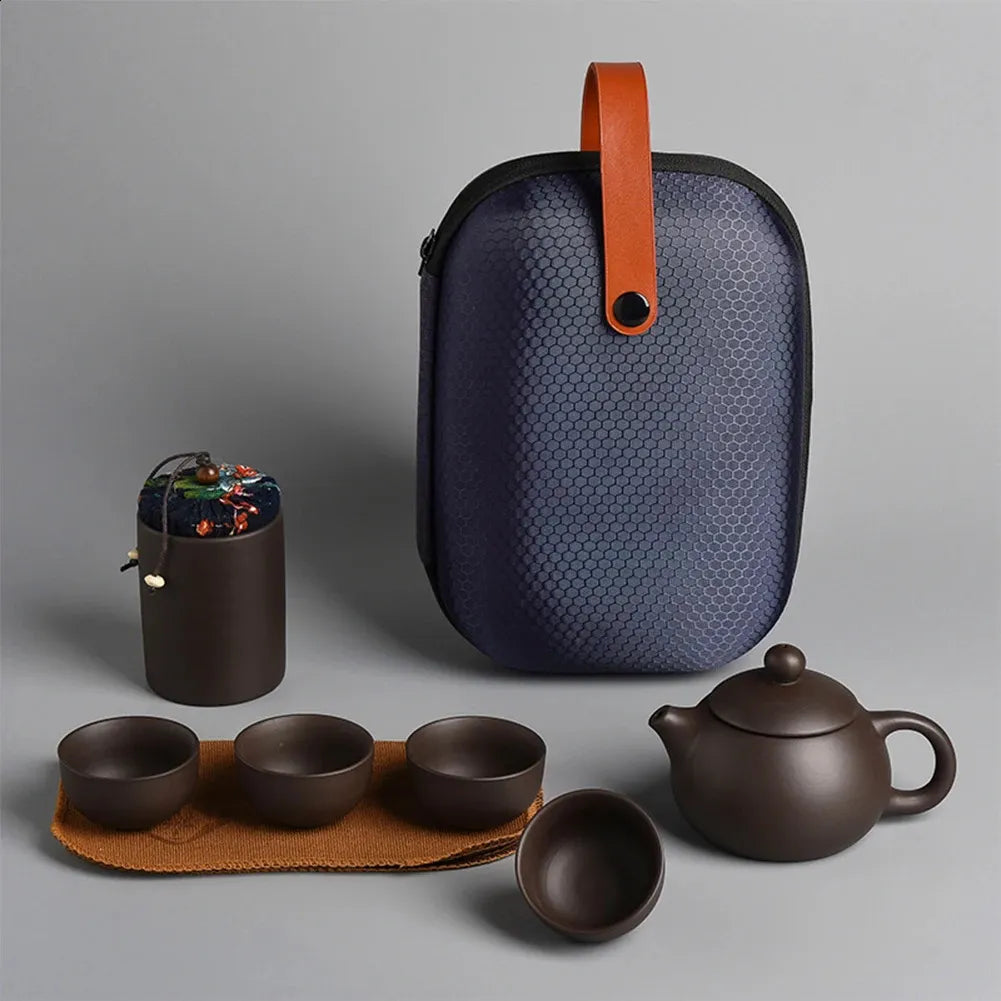 8Pcs Teaware Chinese Tea Set Portable Tea Cup Tea Pot Tea Caddy Travel Teapot Set All in Travel Bag Handmade Purple Clay Teapot 240731