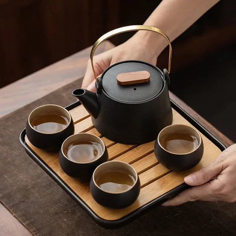 Quality Chinese Tea Set Hand-held Black Ceramic Teapot Teacup Set Kung Fu Tea Set Tea Box Purple Sand Charm Tea Pet Tea Ceremony 240625