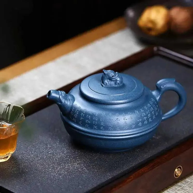 Teapots 340ml Handmade Yixing Tea Pot Purple Clay Blue Tea Pot Kung Fu Purple Sand Tea Pot Set y240701