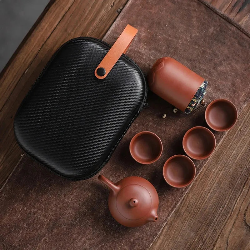 Purple Sand Tea Set One Pot of 4 Cups Tea Box Portable Outdoor Travel Pottery Teapot Tea Ceremony Chinese Tea Set Gifts 240729