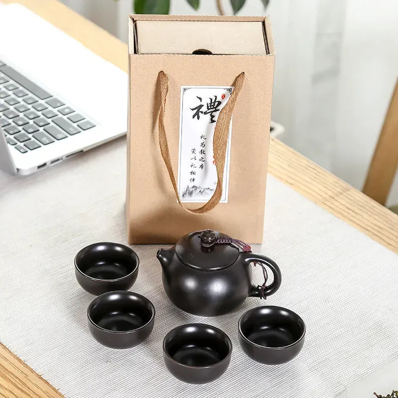 Portable Chinese Kung Fu Tea Set with Purple Ceramic Teapot, Gaiwan and Teacups for Tea Ceremony LL