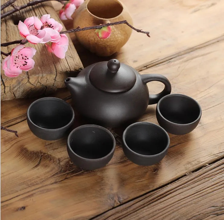 Natural Purple Clay Tea Set with 1 Teapot 4 Teacups Handmade Purple Sand Chinese Kong Fu Teaware Authentic Yixing Tea Gifts
