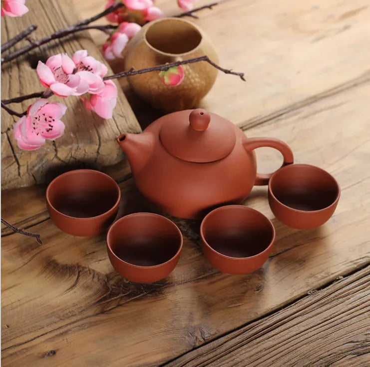 Natural Purple Clay Tea Set with 1 Teapot 4 Teacups Handmade Purple Sand Chinese Kong Fu Teaware Authentic Yixing Tea Gifts