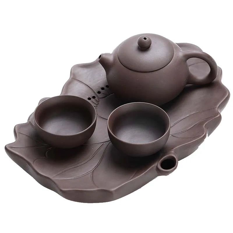 real yixing zisha tea set in Chinese kungfu tea sets purple clay tea pot cup reservoir tea tray plate lotus design carved China