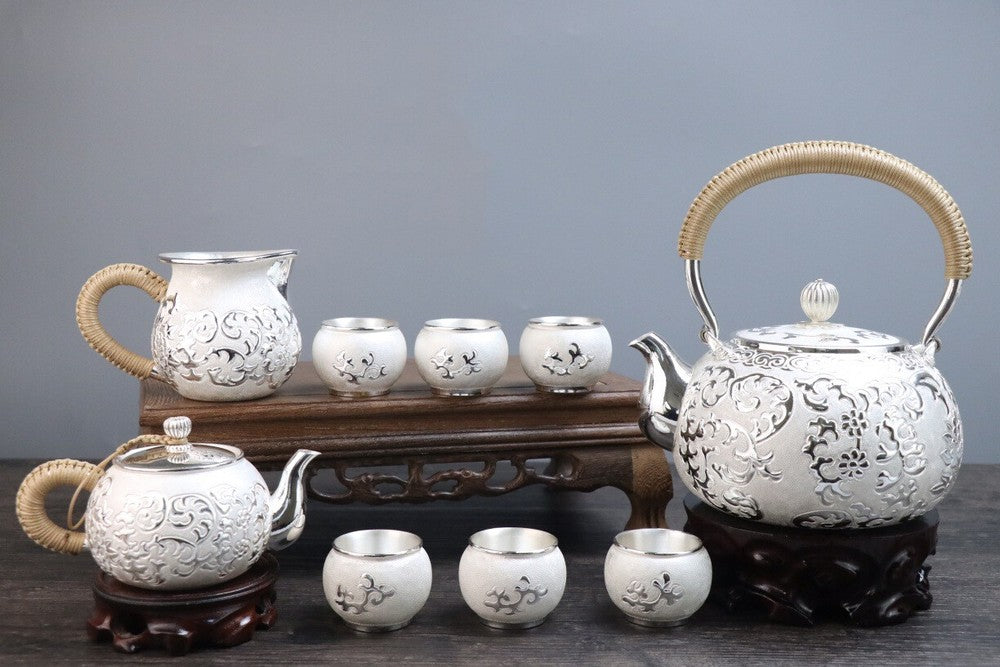 Sterling Silver Tea Set Stove Kettle Tea Pot Tea Cups 100% 999 Silver Snowflake