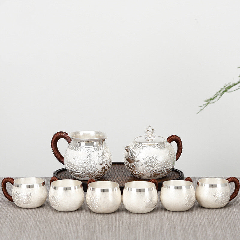 Sterling Silver Tea Set Stove Kettle Tea Pot Tea Cups Handmade Wealth Blooms Set
