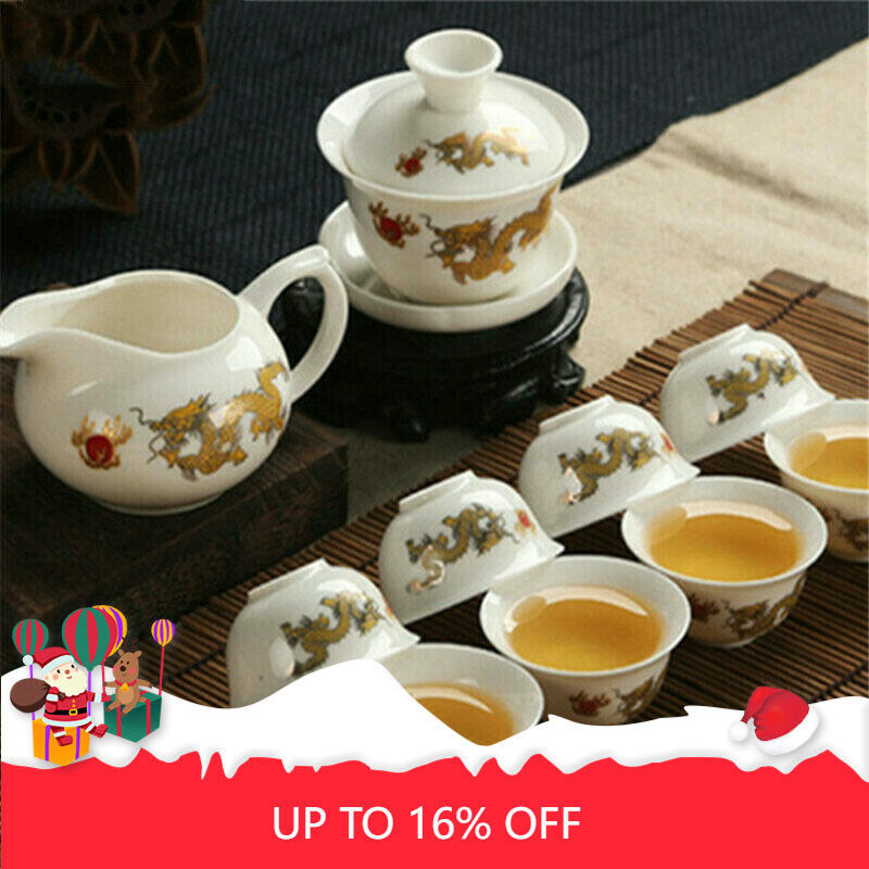 Tea Pot Dragon White Jade Porcelain Ceramic KungFu Tea Set Cup Teapot Sauser Set