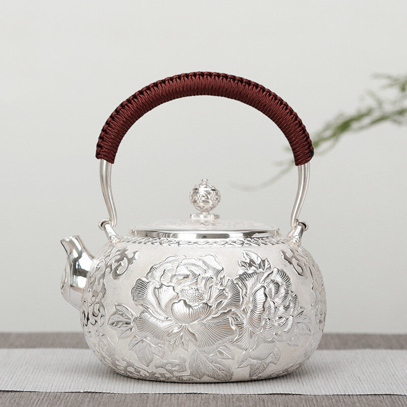 Sterling Silver Tea Set Stove Kettle Tea Pot Tea Cups Handmade Wealth Blooms Set