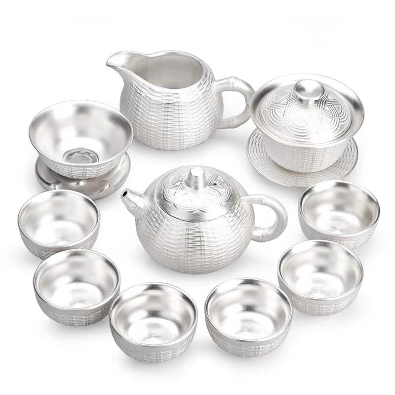 pure silver print tea set 999 sterling silver tea pot gaiwan porcelain tea cups