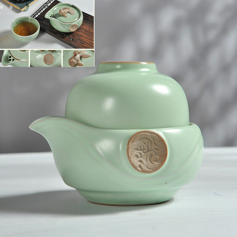 portable tea set porcelain tea pot with infuser gold fish statue on lid tea cups