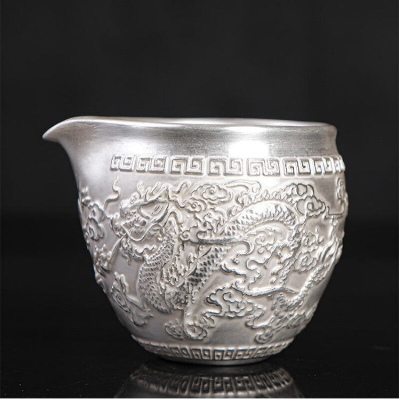 999 pure silver tea set handmade tea pot sterling silver tea cup dragon relief