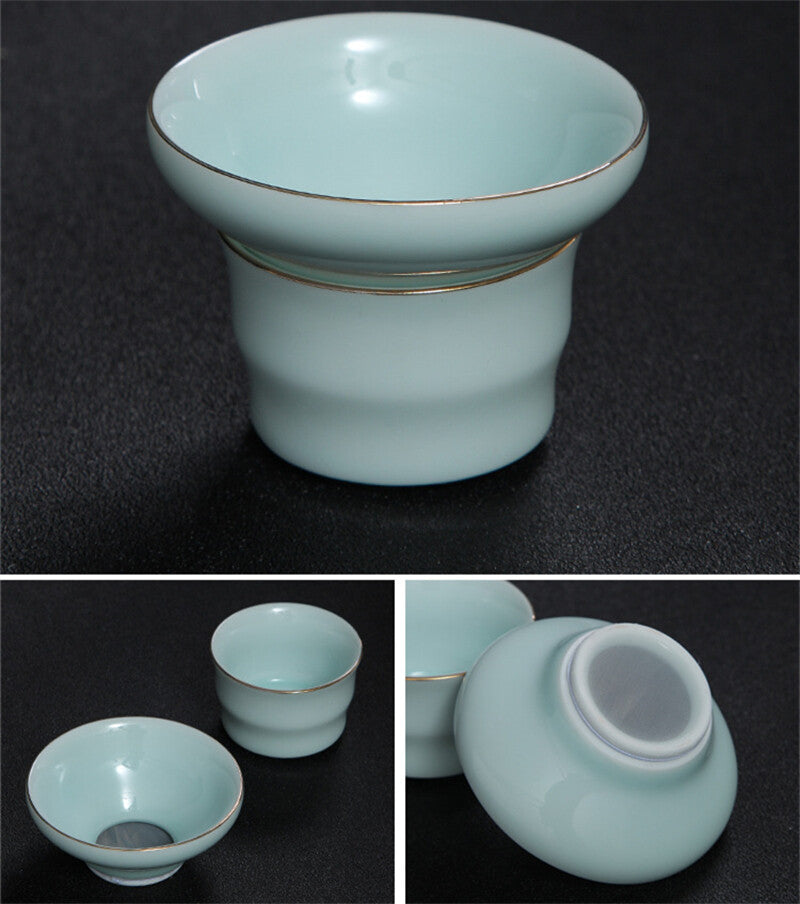 Boutique Celadon Tea Set Porcelain Tea Pot Tea Cups & Mats Pitcher Tea Strainer