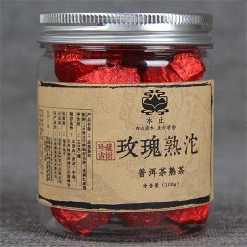 Yunnan Organic Rose Puerh Tea 100g Small Ripe Tea Canned Rose Puer Tea Cake