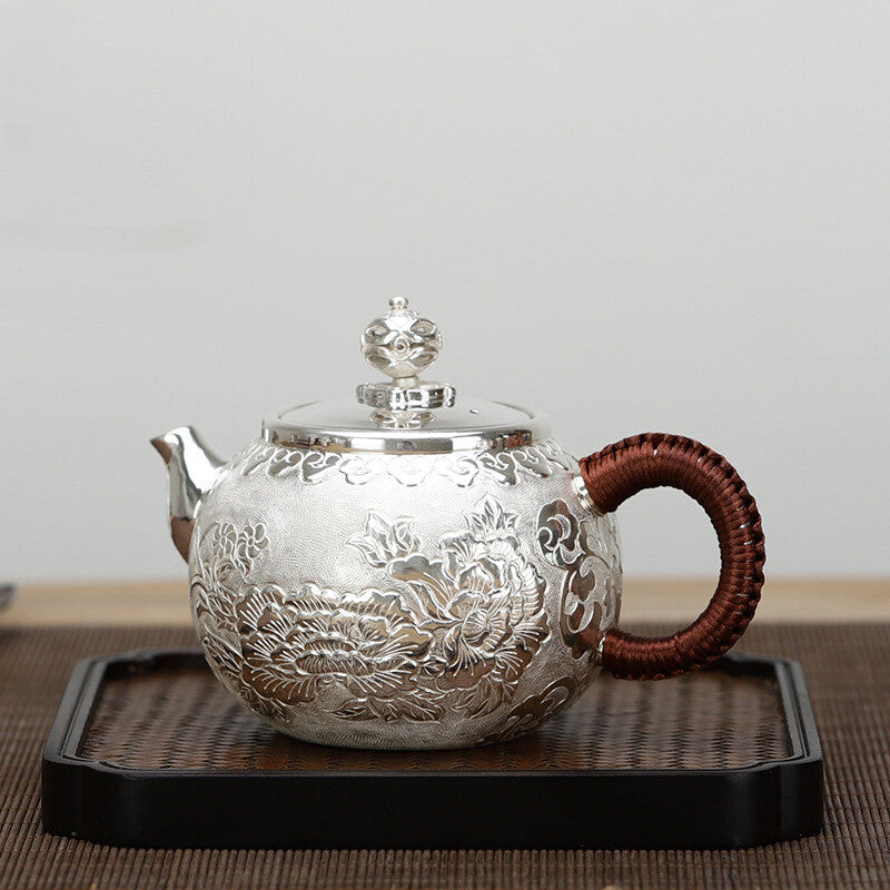 Sterling Silver Tea Set Stove Kettle Tea Pot Tea Cups Handmade Wealth Blooms Set