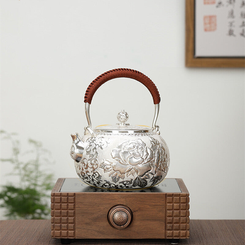 Sterling Silver Tea Set Stove Kettle Tea Pot Tea Cups Handmade Wealth Blooms Set