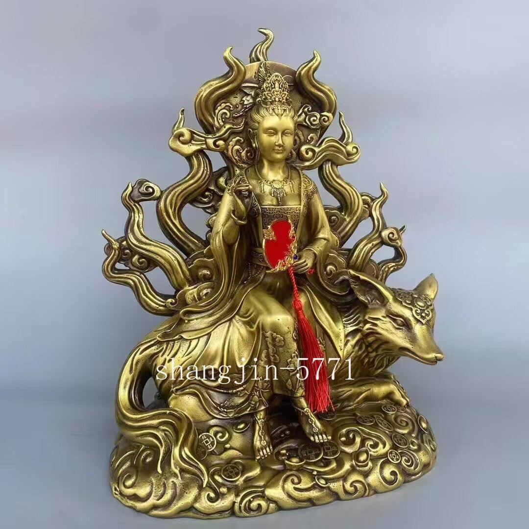 Brass Nine-tailed Fox Godness Statue Couple Love Feng Shui Bedroom Decor