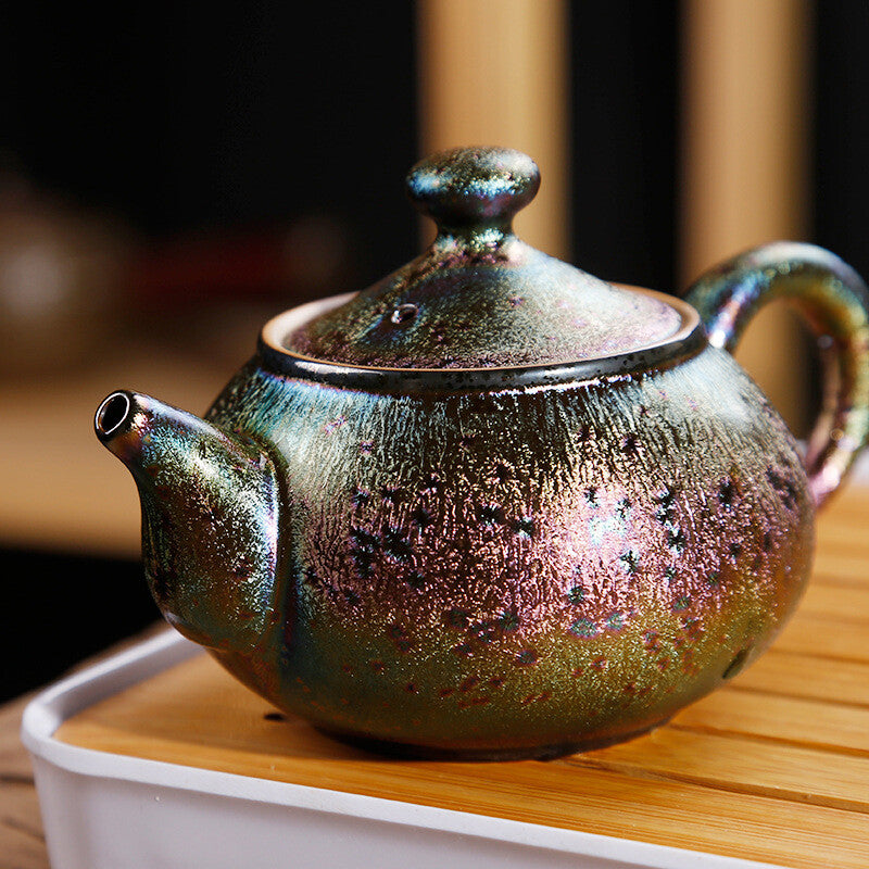 Kiln Change Colorful Peacock Glaze Tea Set Kettle Tea Pot Tea Cups Painted Gold