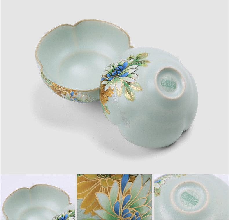 Complete Tea Set Boutique Ruyao Craft Flower Relief Tea Pot Gaiwan Tea Cups Bowl