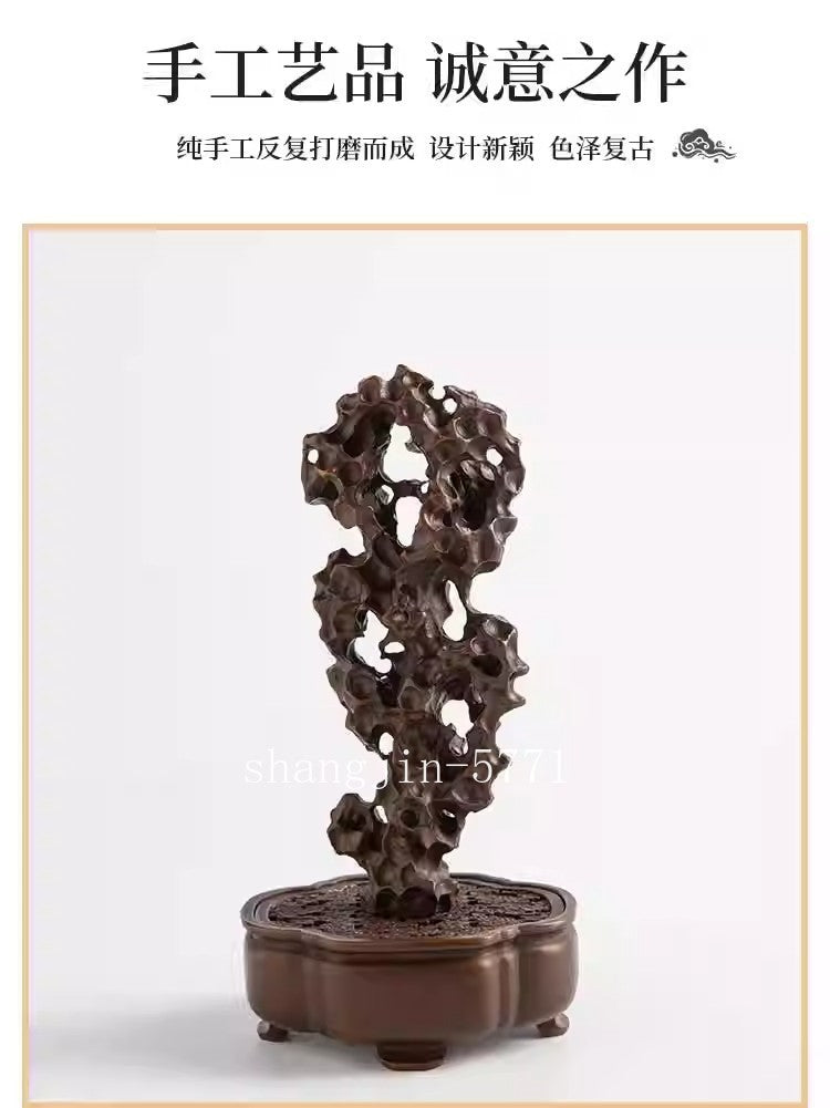 Brass Carved Taihu Lake Stone Statue Incense Burner Home Zen Decor Collection