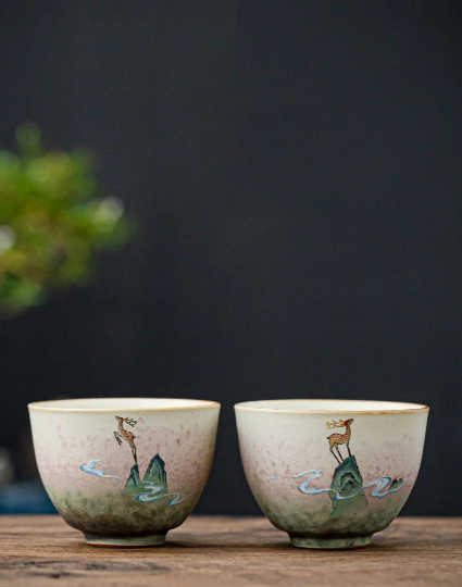 Ceramic Teacup deer Set of 2 Cups Chinese Kung Fu Tea Cup for Tea