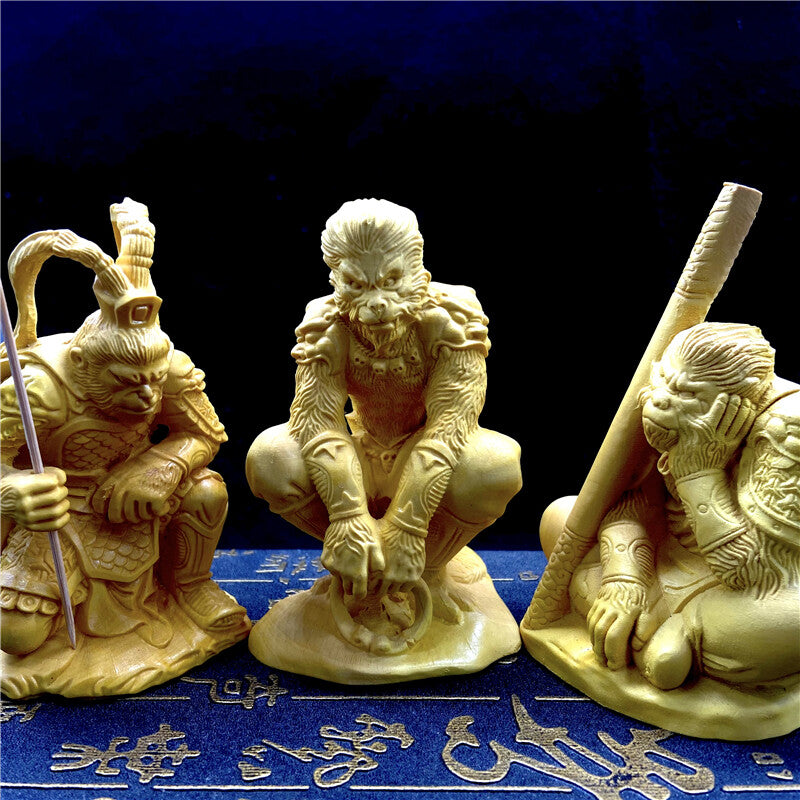 Natural Boxwood Carved Monkey King Statue Sun Wu Kong Sculpture Home Car Decor